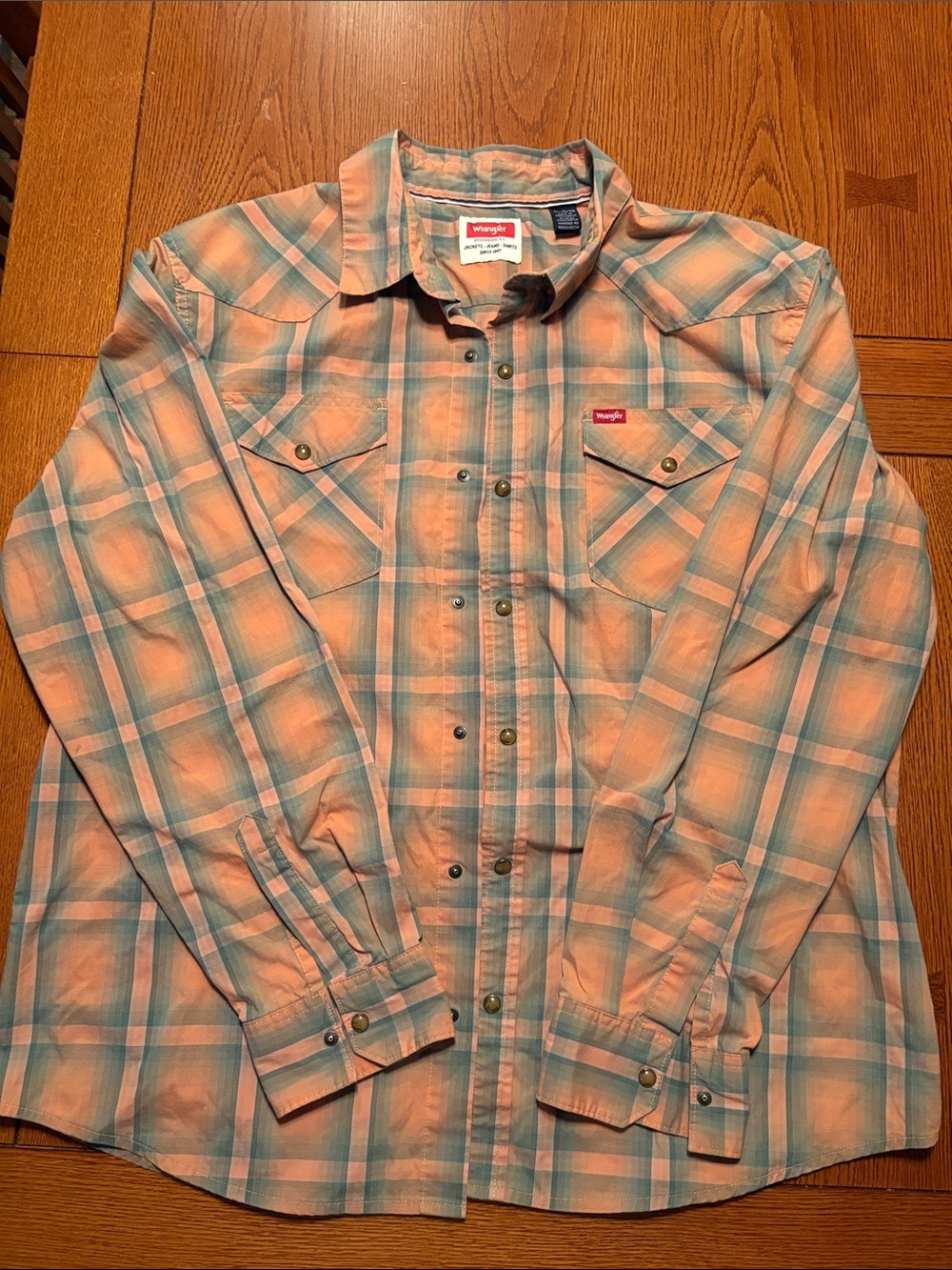 Wrangler Peach and Teal Plaid Western Button-Down Shirt